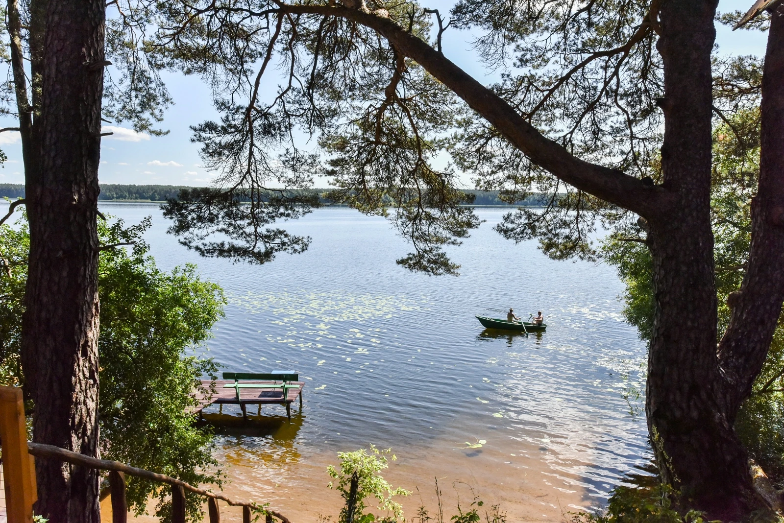 7A kotedžas – Ežero vaizdas tarp pušų kamienų, vandenyje valtis, prie kranto medinis lieptas