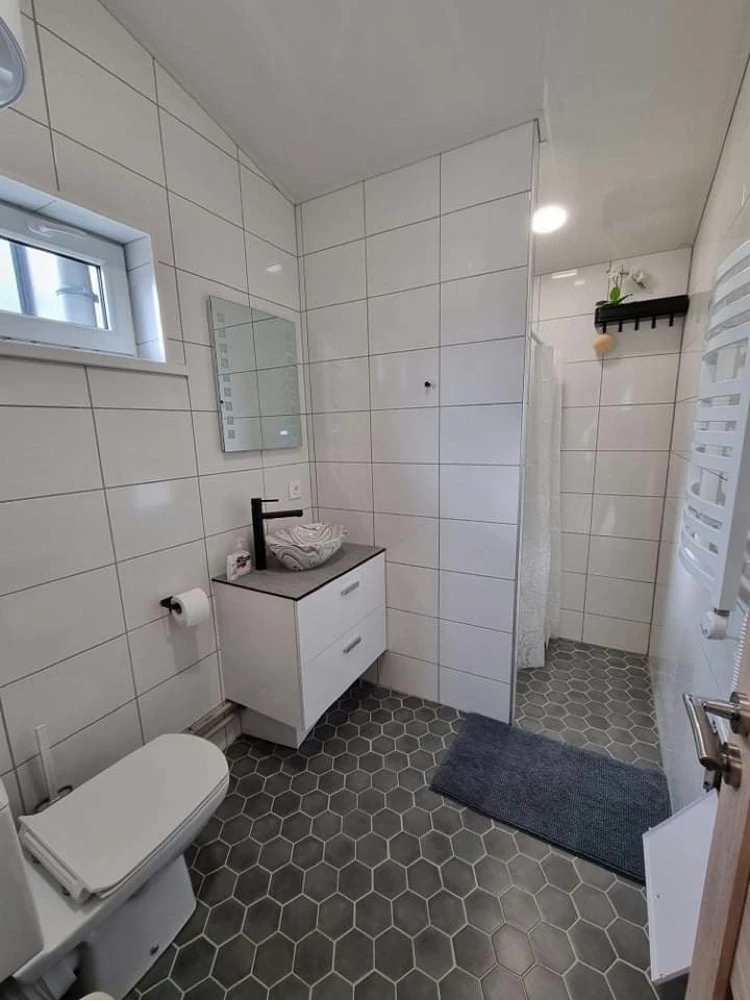 10 namelis – Baltomis plytelėmis išklotas vonios kambarys su tualetu, praustuvo spintele ir dušo užuolaida